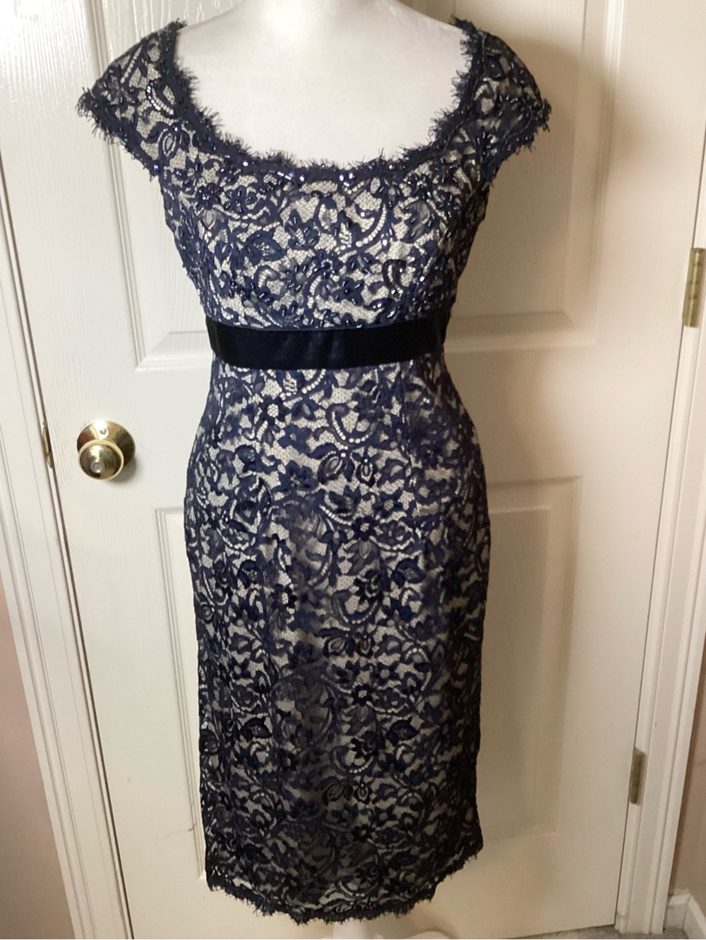 Tadashi Shoji Petites Beaded Navy & Nude Lace Sleeveless Sheath Dress - Size 6P